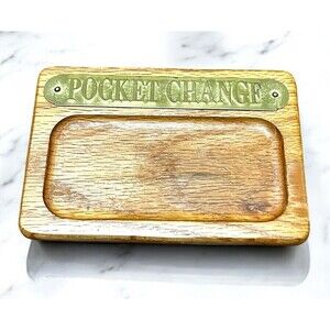 Vtg Wood & Brass Pocket Change Coin Key Dish Caddy Trinket Tray Valet